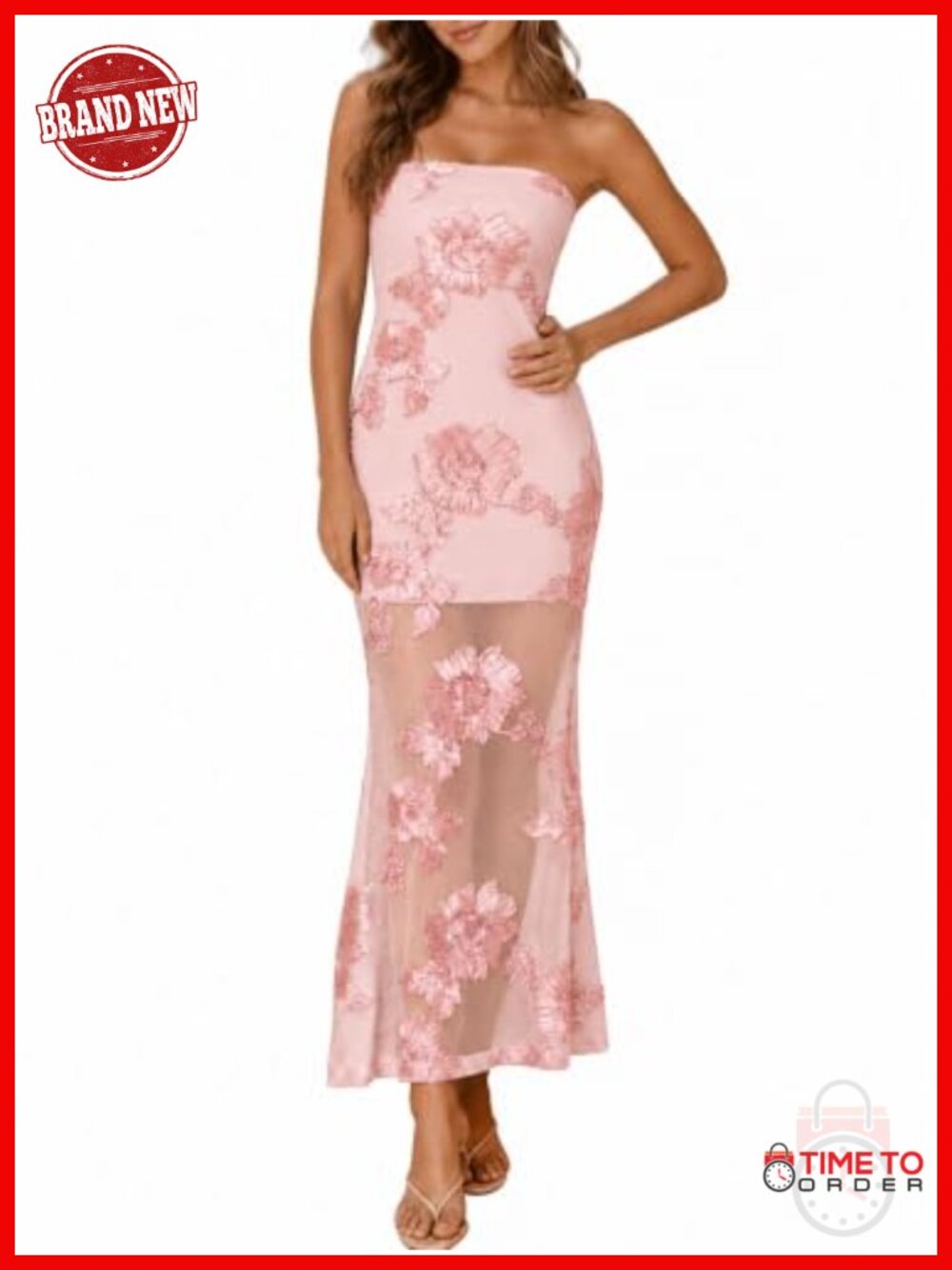 Womens Strapless Floral Embroidered Maxi Dress Mesh Bodycon Formal